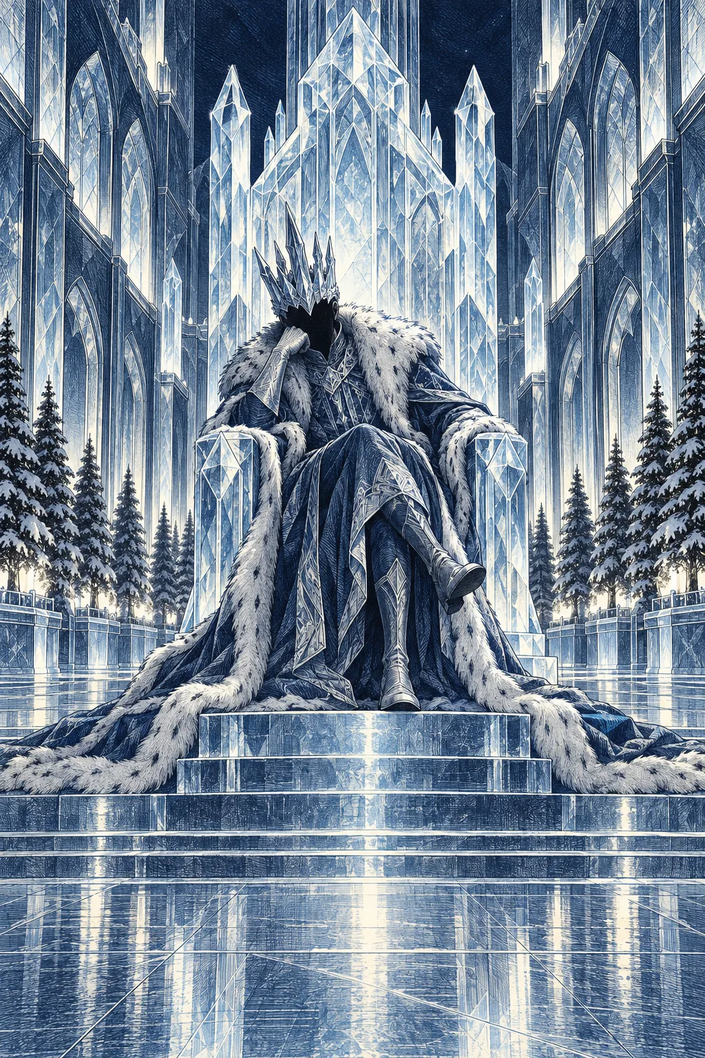 An engraved emperor slumped on an ice-crystal throne, face hidden in shadow under a crown of ice, sulking.